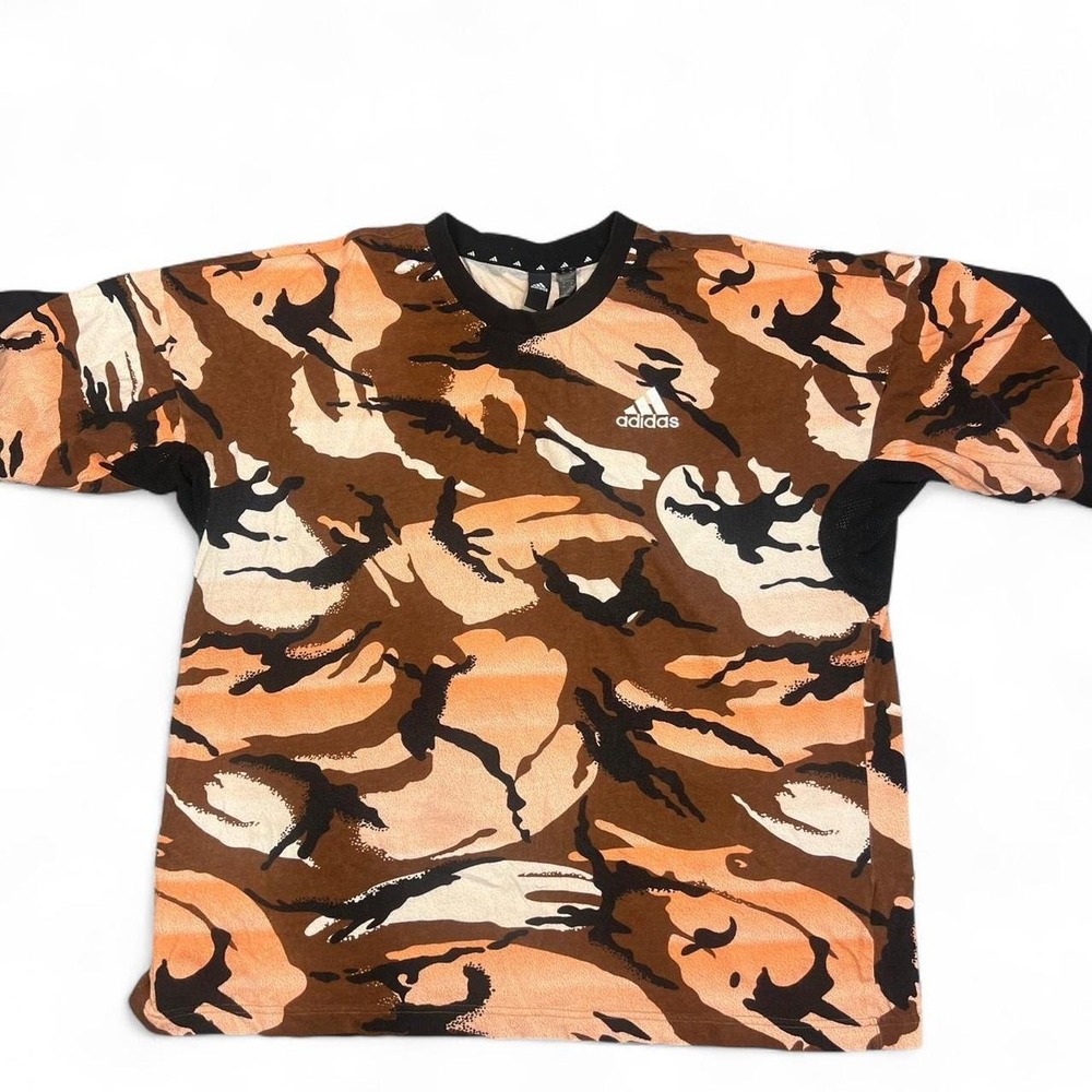 Adidas Men's Medium T-Shirt Brown Orange Camo Mesh Panels Short Sleeve Logo